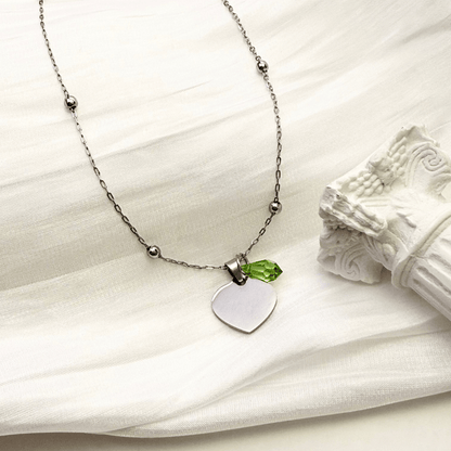 Custom engravable heart necklace with Swarovski birthstone, personalised jewellery, silver snake chain layering option.