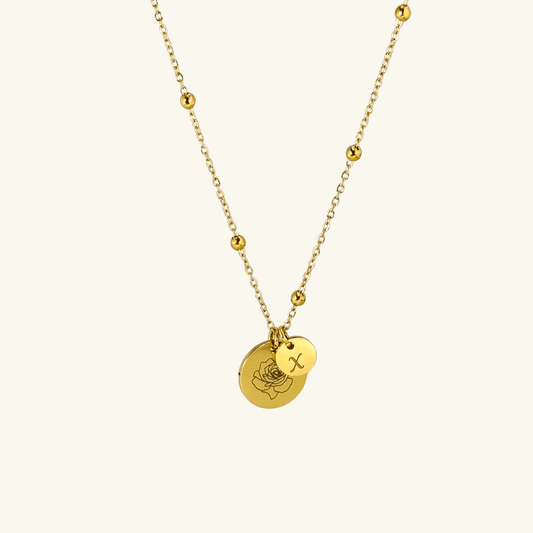 Minimalist gold or silver necklace with engraved birth flower and initials