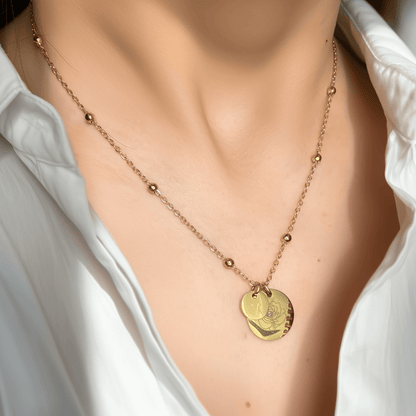 Minimalist gold or silver necklace with engraved birth flower and initials