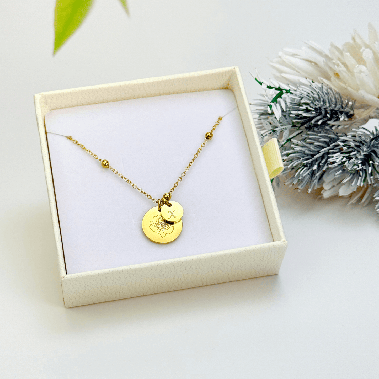 Minimalist gold or silver necklace with engraved birth flower and initials