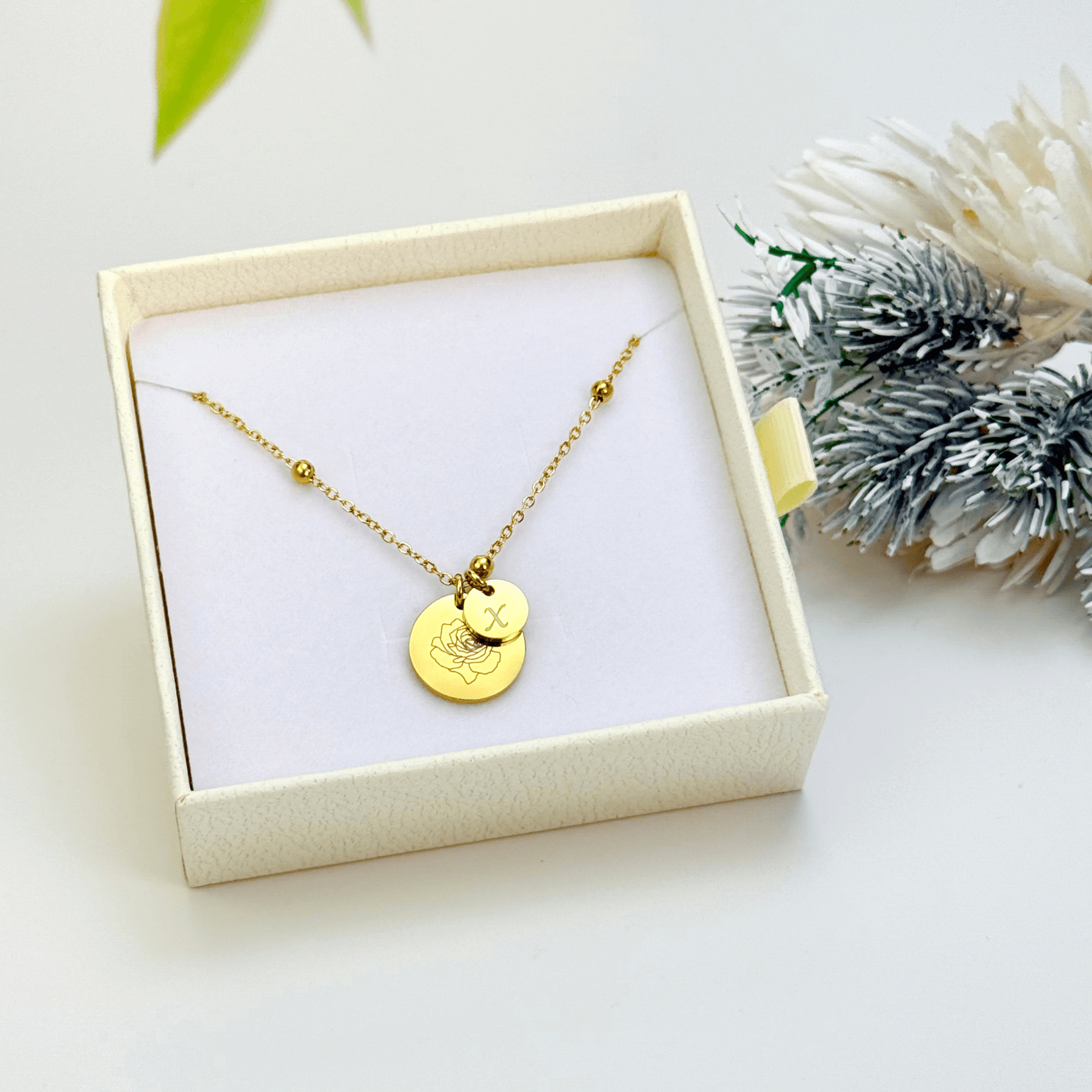 Minimalist gold or silver necklace with engraved birth flower and initials