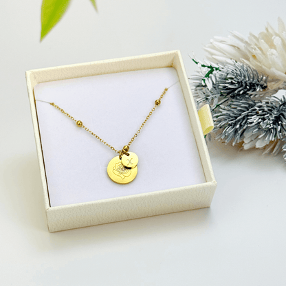 Minimalist gold or silver necklace with engraved birth flower and initials