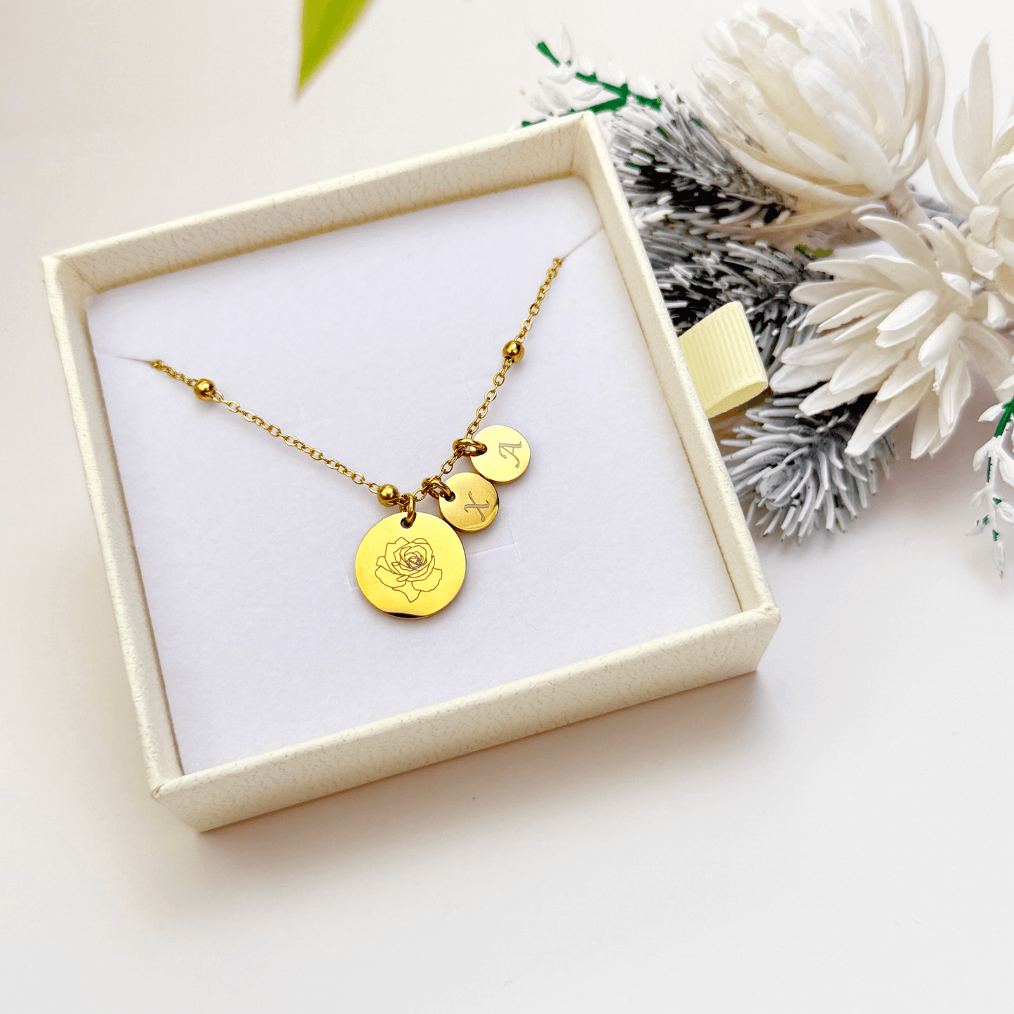 Minimalist gold or silver necklace with engraved birth flower and initials