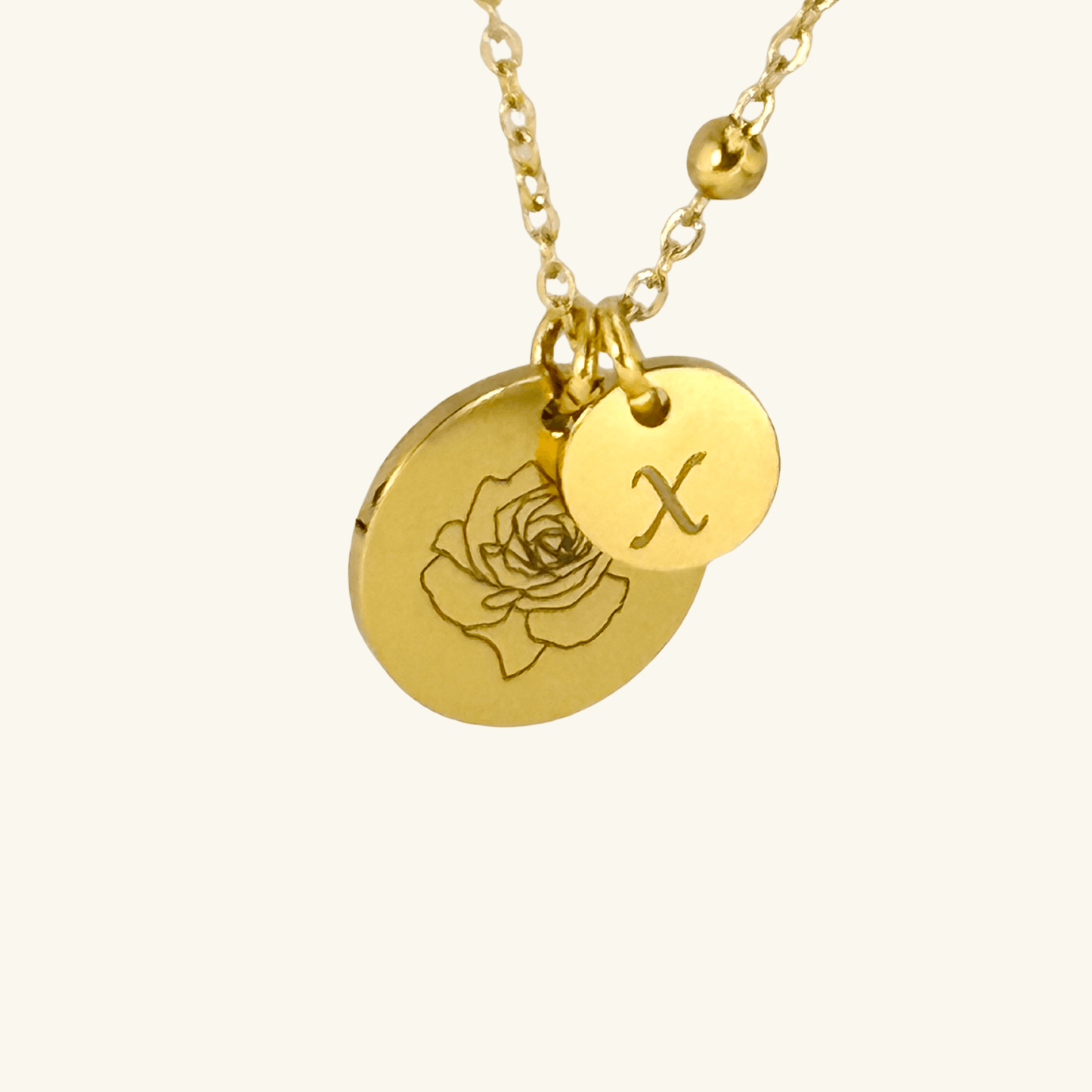 Minimalist gold or silver necklace with engraved birth flower and initials