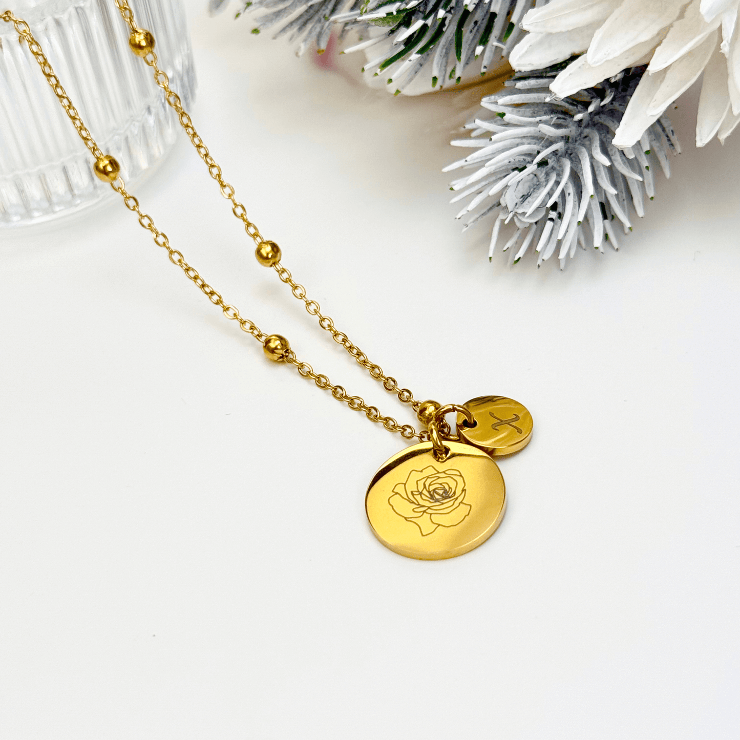 Minimalist gold or silver necklace with engraved birth flower and initials