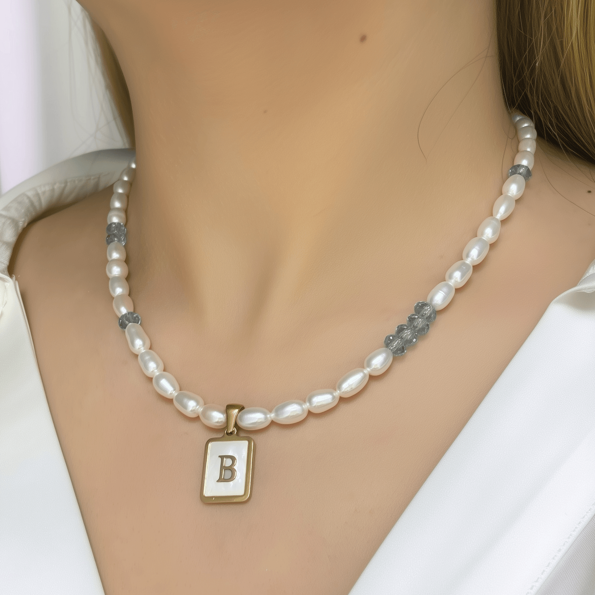 Custom freshwater pearl necklace with Swarovski birthstone and shell initial charm