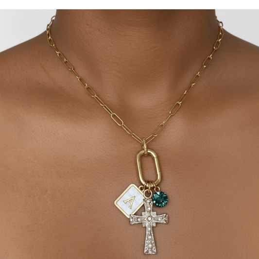 Custom openable link necklace with gold cross pendant, shell initial charm, and teal birthstone made with Swarovski® element on waterproof chain