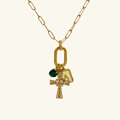Custom openable link necklace with gold cross pendant, shell initial charm, and teal birthstone made with Swarovski® element on waterproof chain