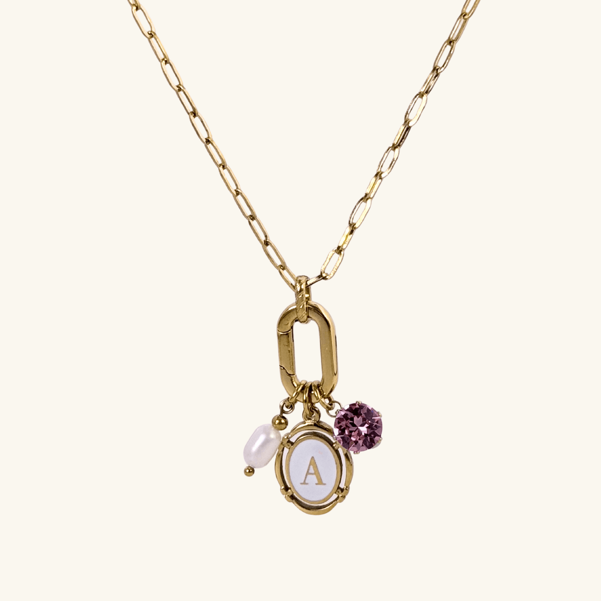 Gold openable link charm necklace with pink Swarovski birthstone and freshwater pearl on waterproof chain, customisable to add any charms