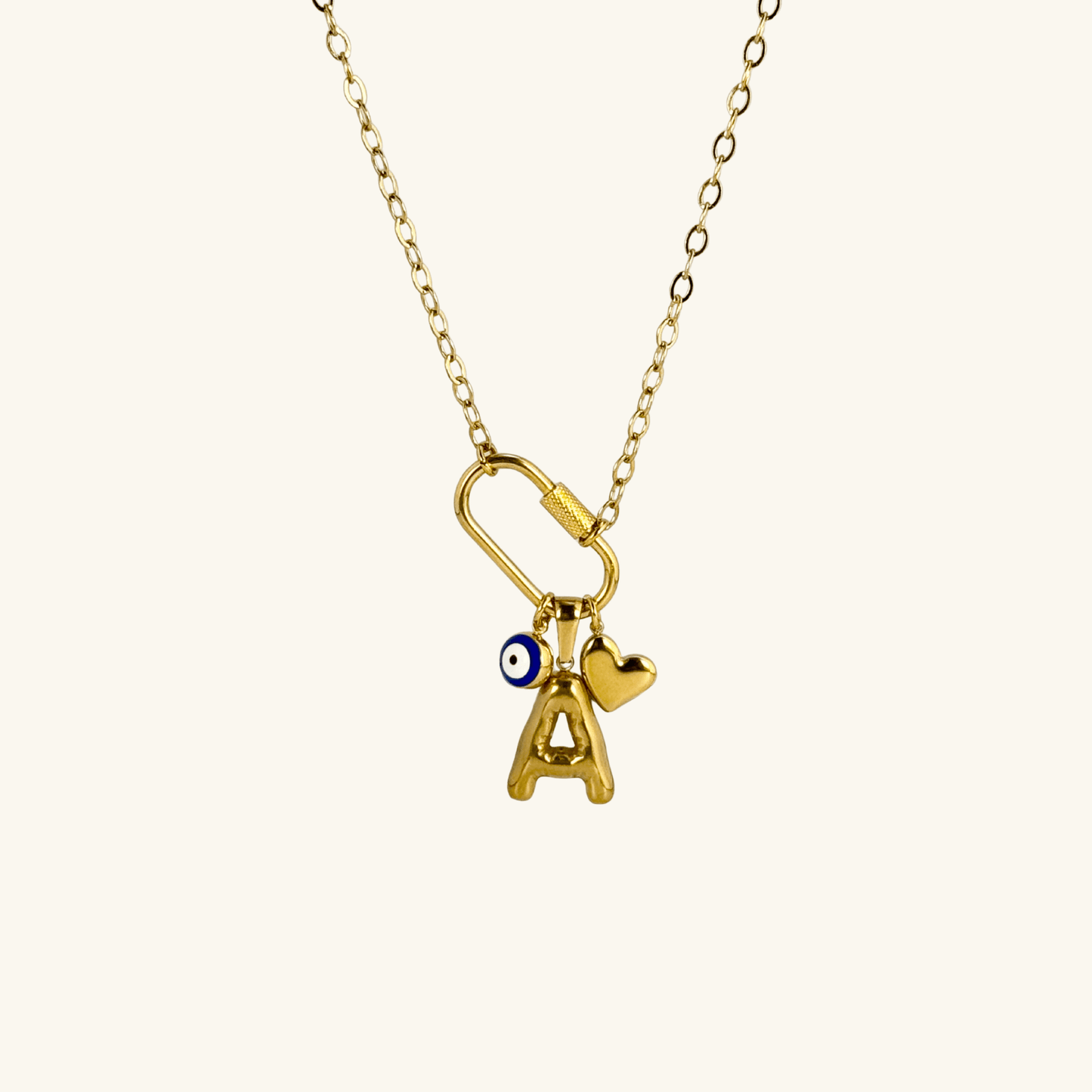 Custom rectangular ring necklace with detachable charms – initial, evil eye, and heart for love and protection.