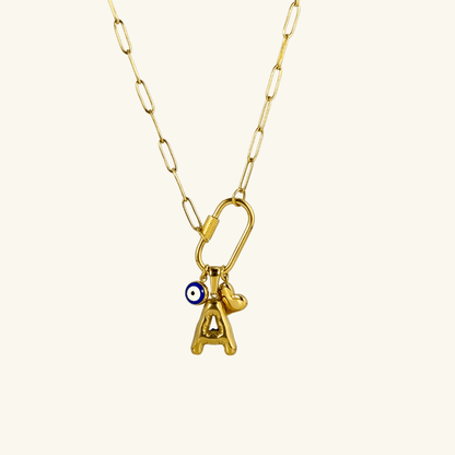 Custom rectangular ring necklace with detachable charms – initial, evil eye, and heart for love and protection.
