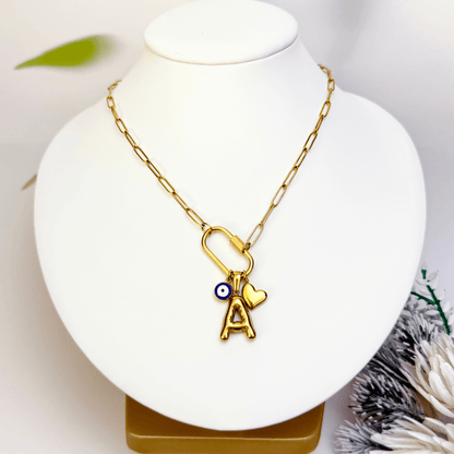Custom rectangular ring necklace with detachable charms – initial, evil eye, and heart for love and protection.