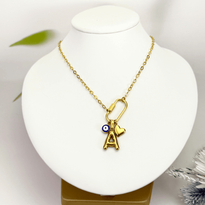Custom rectangular ring necklace with detachable charms – initial, evil eye, and heart for love and protection.