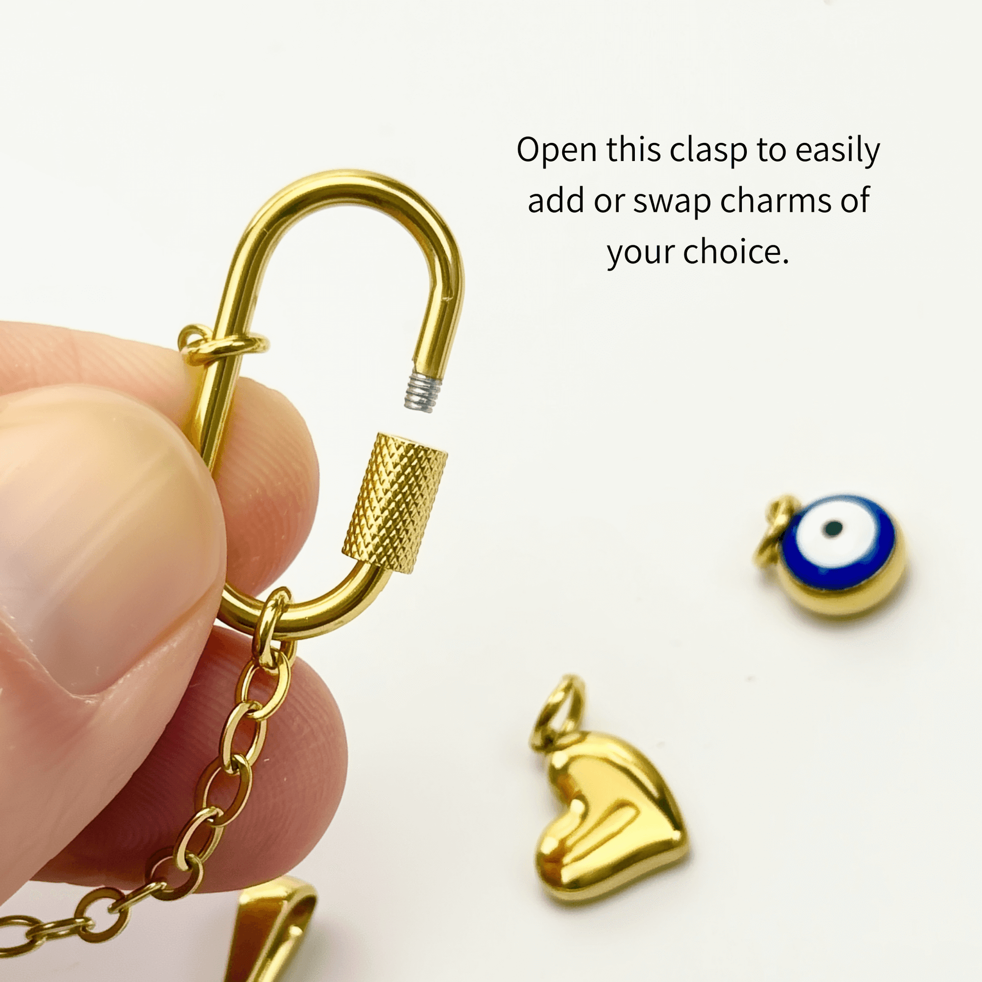 Custom rectangular ring necklace with detachable charms – initial, evil eye, and heart for love and protection.