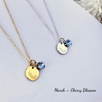 Personalised birth flower necklace with Swarovski crystal birthstone in gold and silver