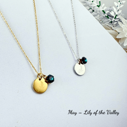 Personalised birth flower necklace with Swarovski crystal birthstone in gold and silver