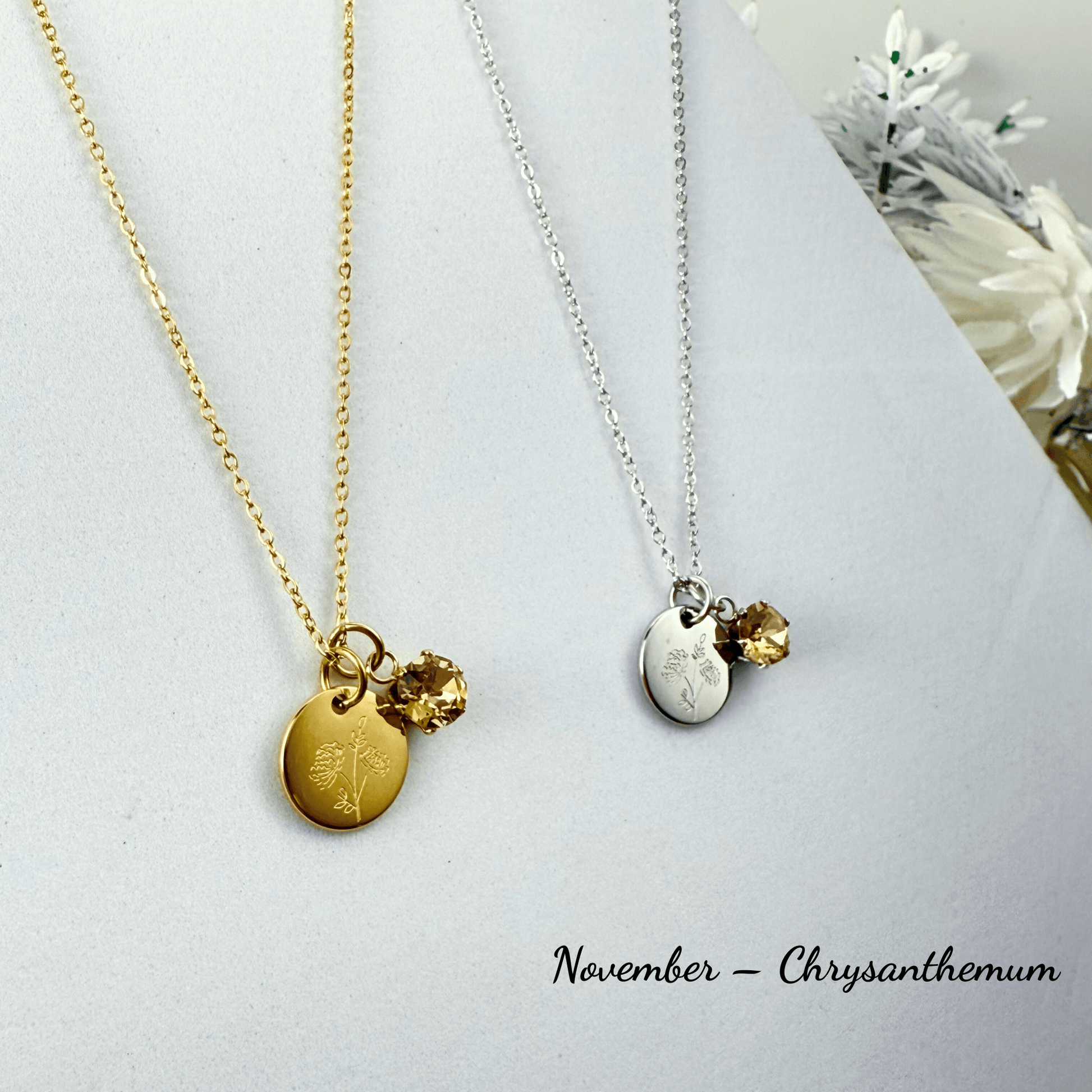Personalised birth flower necklace with Swarovski crystal birthstone in gold and silver