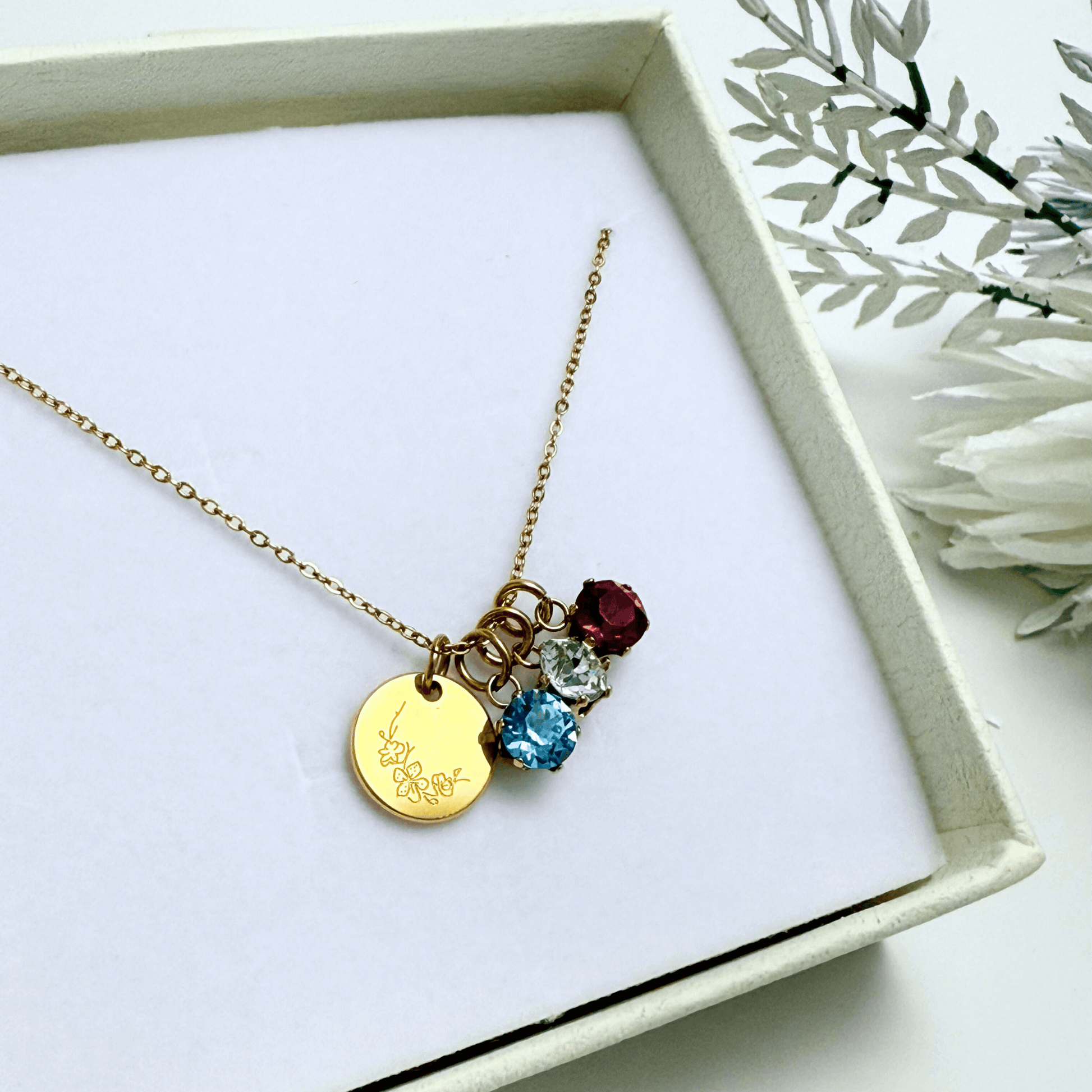 Personalised birth flower necklace with Swarovski crystal birthstone in gold and silver