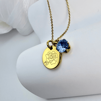 Personalised birth flower necklace with Swarovski crystal birthstone in gold and silver