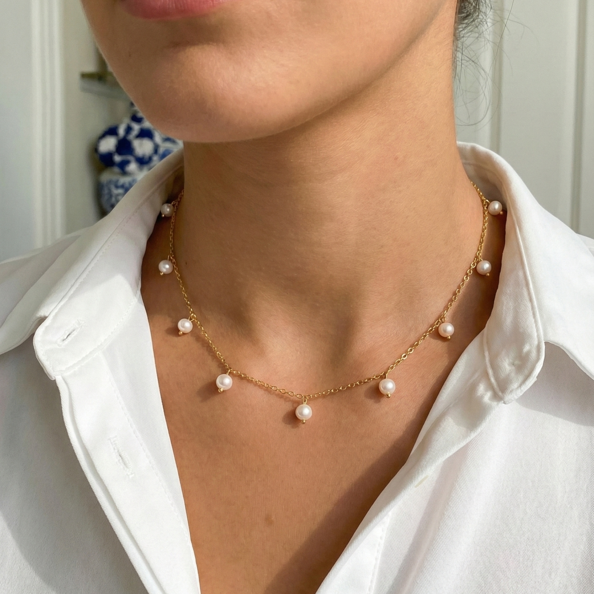 Dainty Gold Pearl Station Necklace – MXW Jewellery