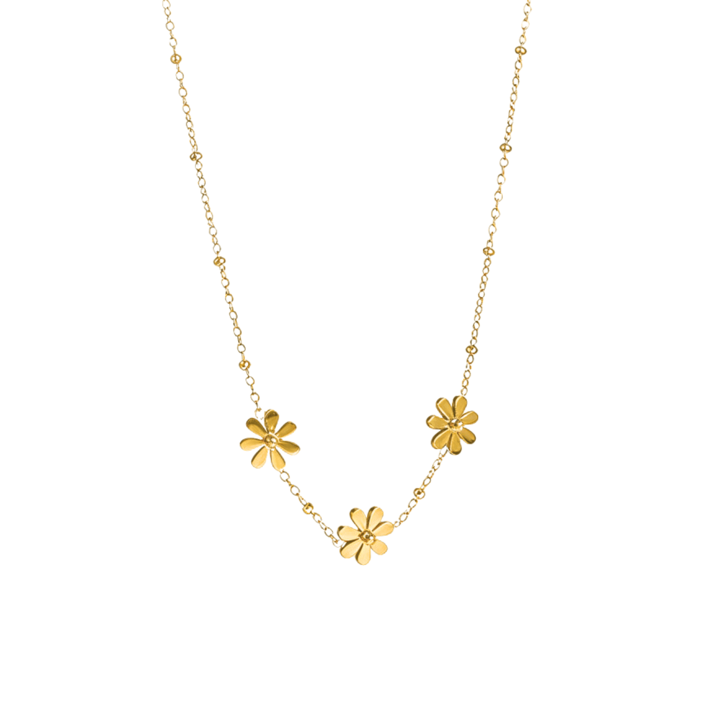 Gold daisy floral charm necklace with beaded chain, waterproof and tarnish-resistant.