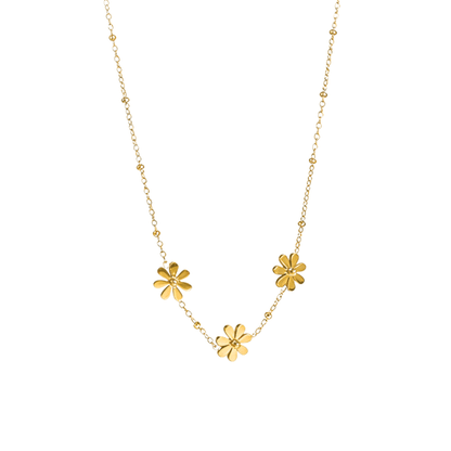Gold daisy floral charm necklace with beaded chain, waterproof and tarnish-resistant.