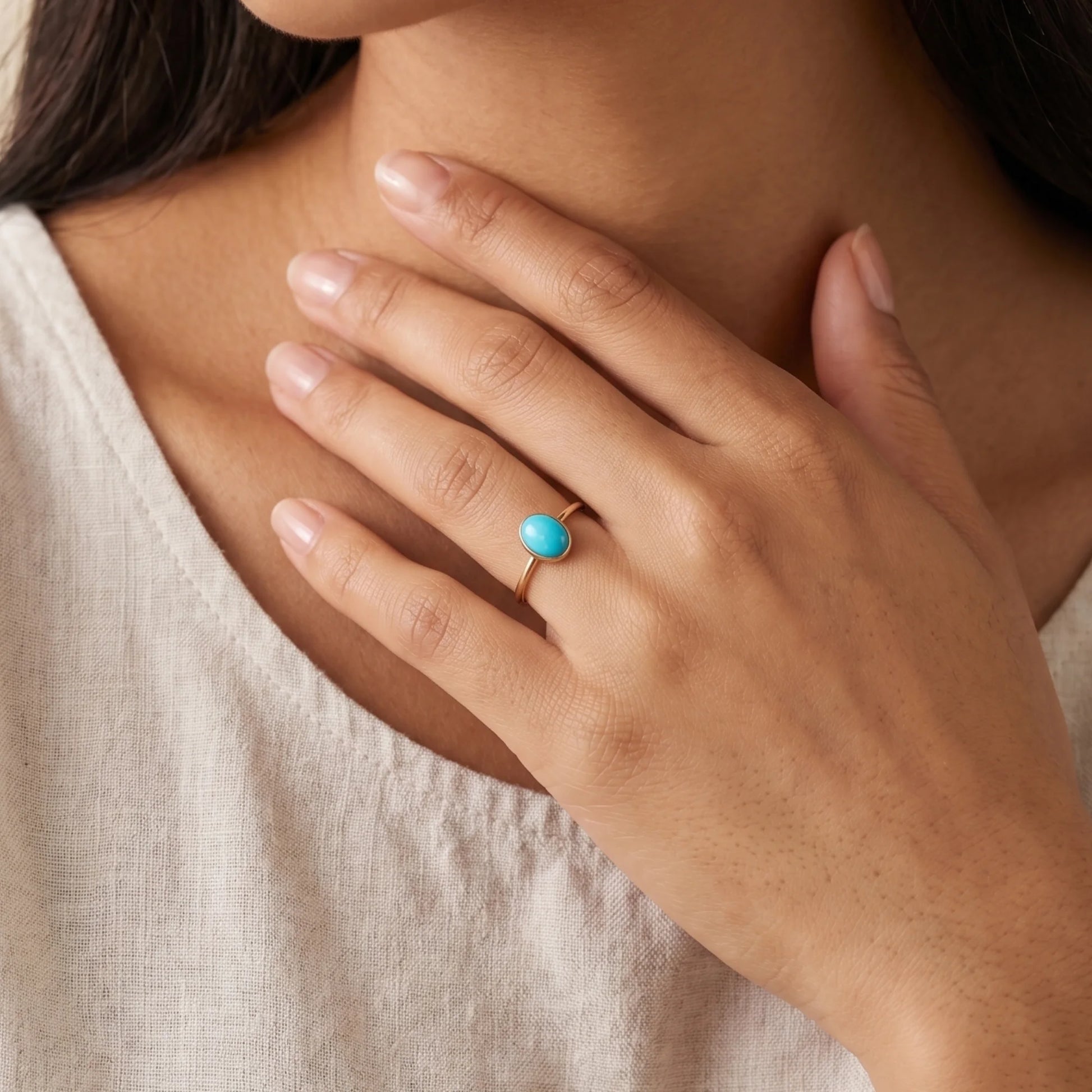 MXW natural oval turquoise December birthstone stacking ring in 14K gold-filled metal