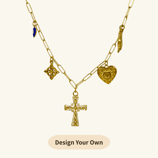 Custom gold charm necklace with medium link chain and celestial charms – mix and match your style