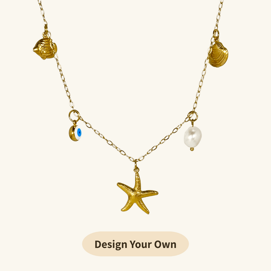 design your own Ocean-inspired gold necklace with starfish, shell, pearl, fish, and evil eye charms