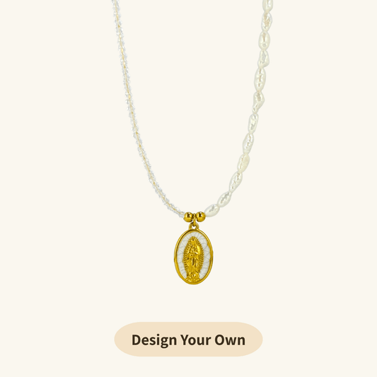 Our Lady charm necklace handcrafted with keshi pearls and Swarovski crystals – elegant, meaningful, and waterproof.