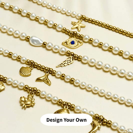 Custom Swarovski pearl charm bracelet with gold accents and personalised charms – handmade and elegant design