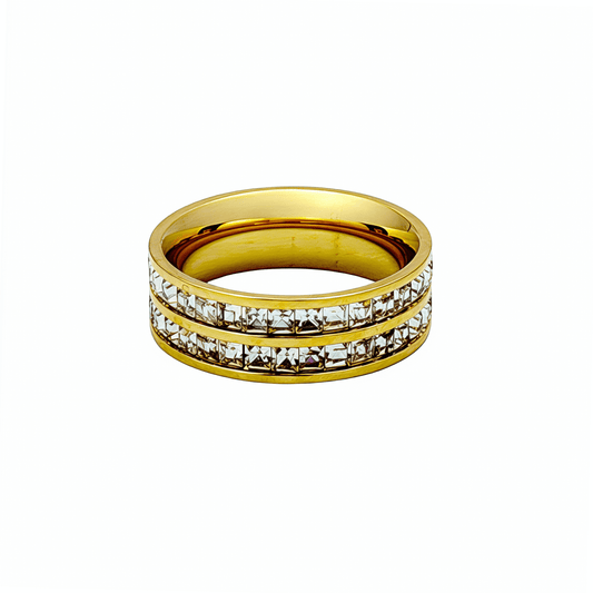 double row crystal gold ring with zircon stones