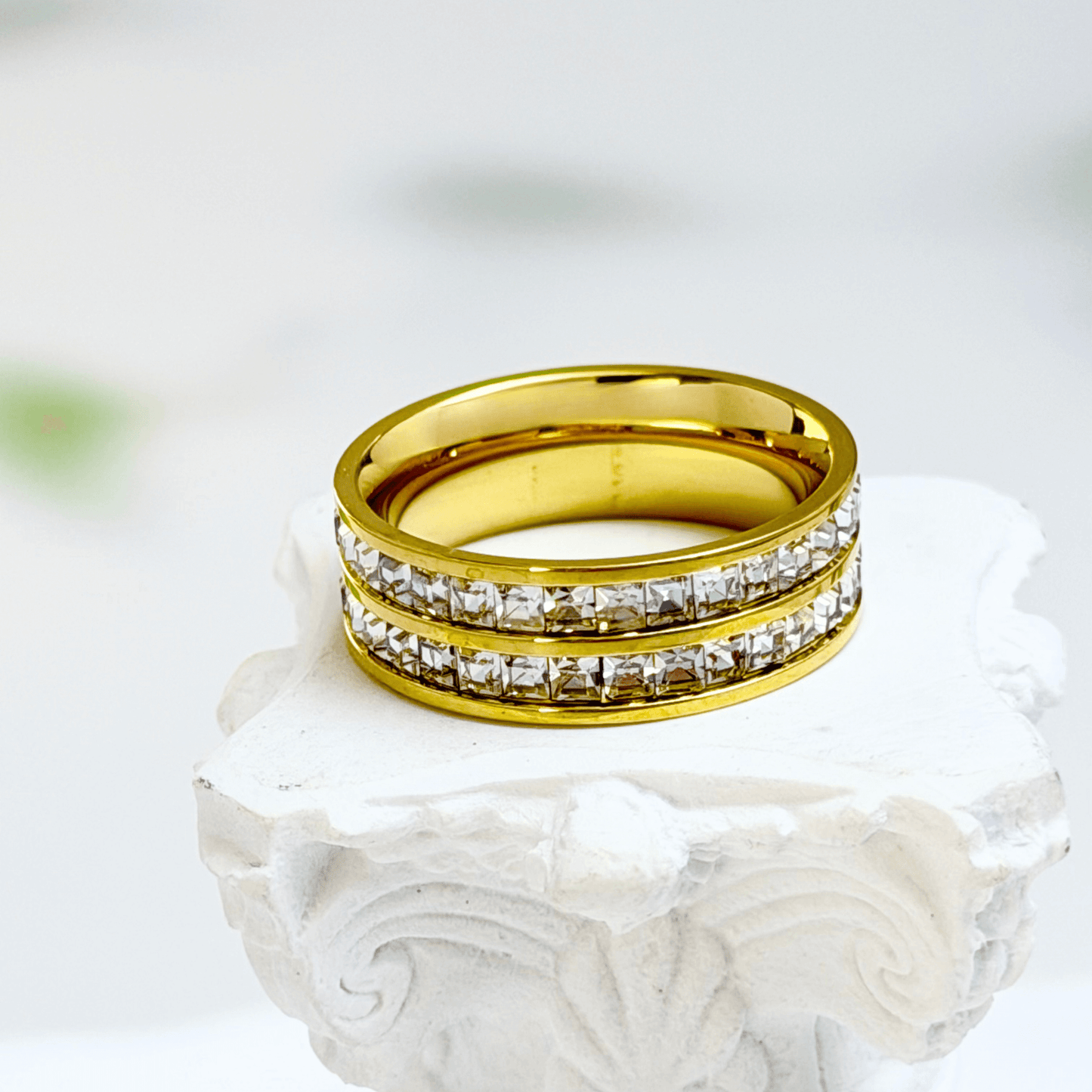 double row crystal gold ring with zircon stones