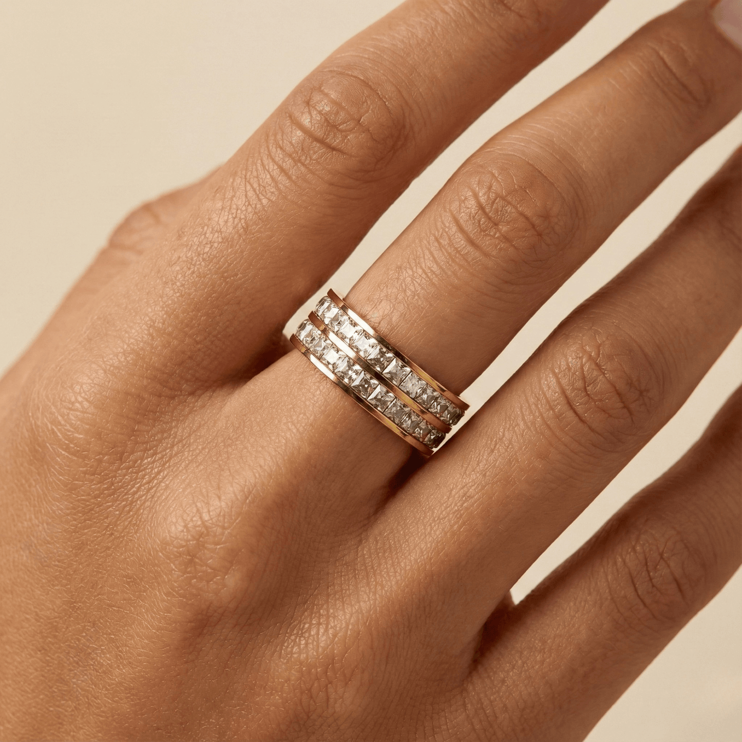 double row crystal gold ring with zircon stones