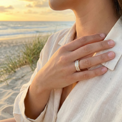 double row crystal gold ring with zircon stones