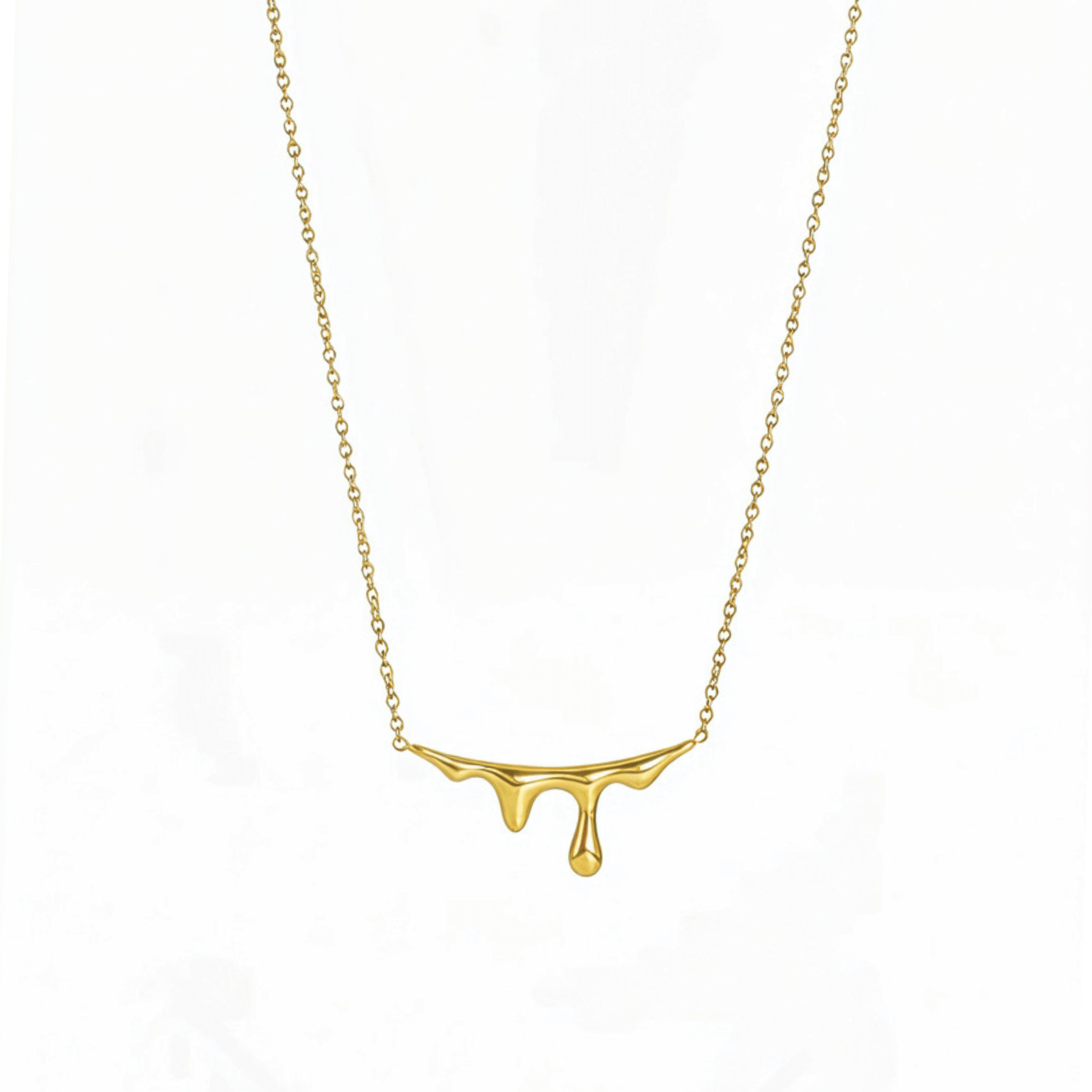 Gold drip-style pendant necklace with a sleek molten design on a fine chain,