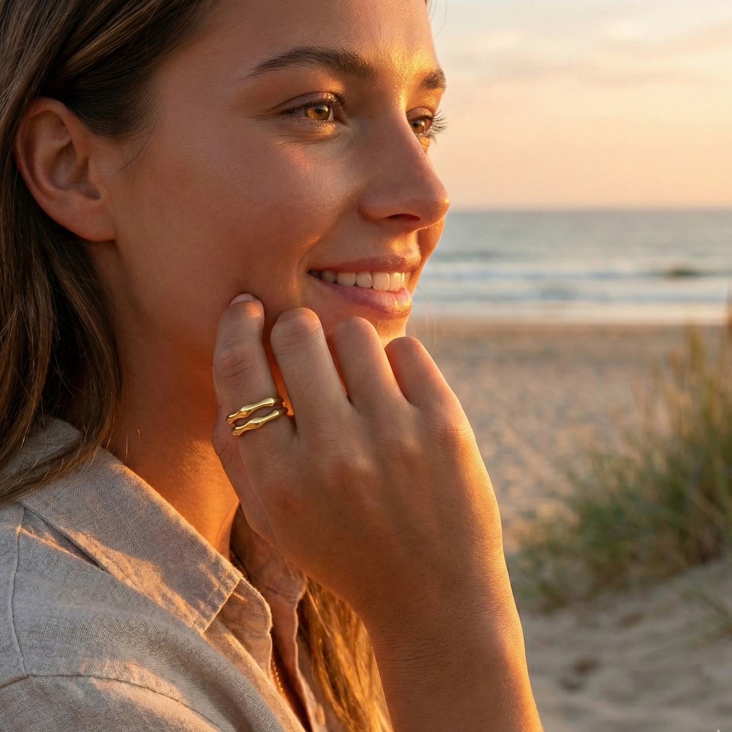 Dual Wave Gold Ring – sculptural wave-inspired gold band.
