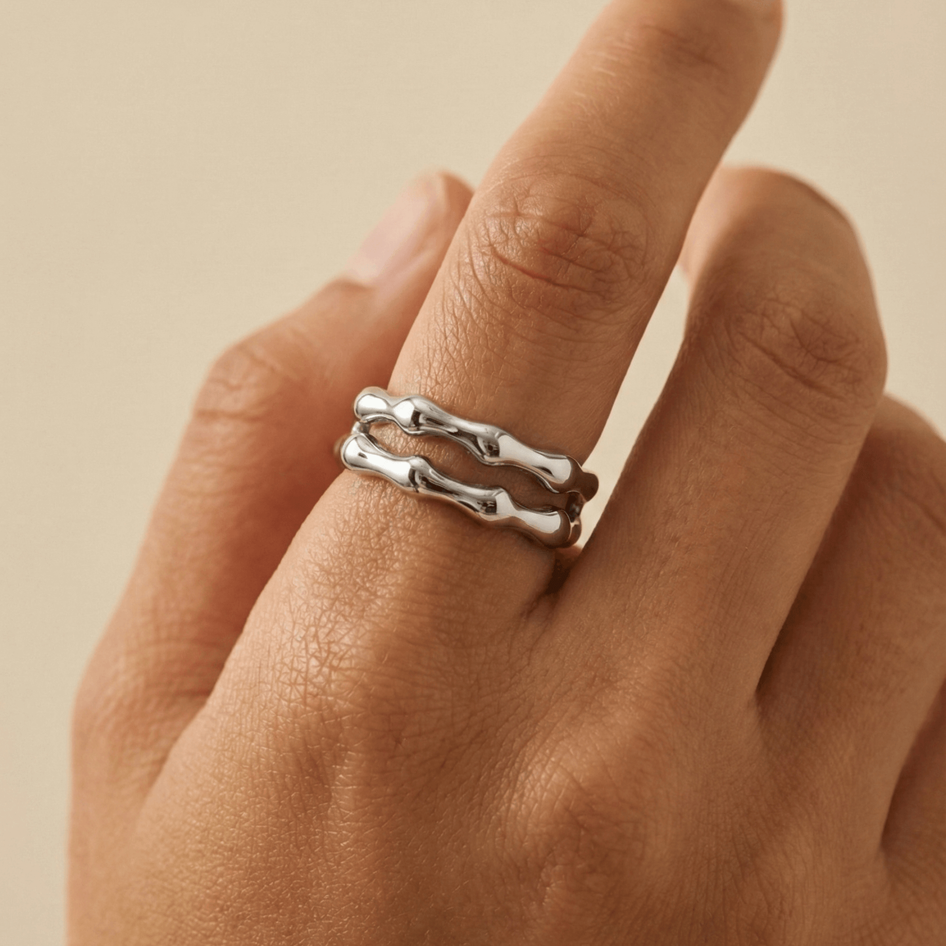 Dual Wave Silver Ring – modern silver wave band, waterproof jewellery.