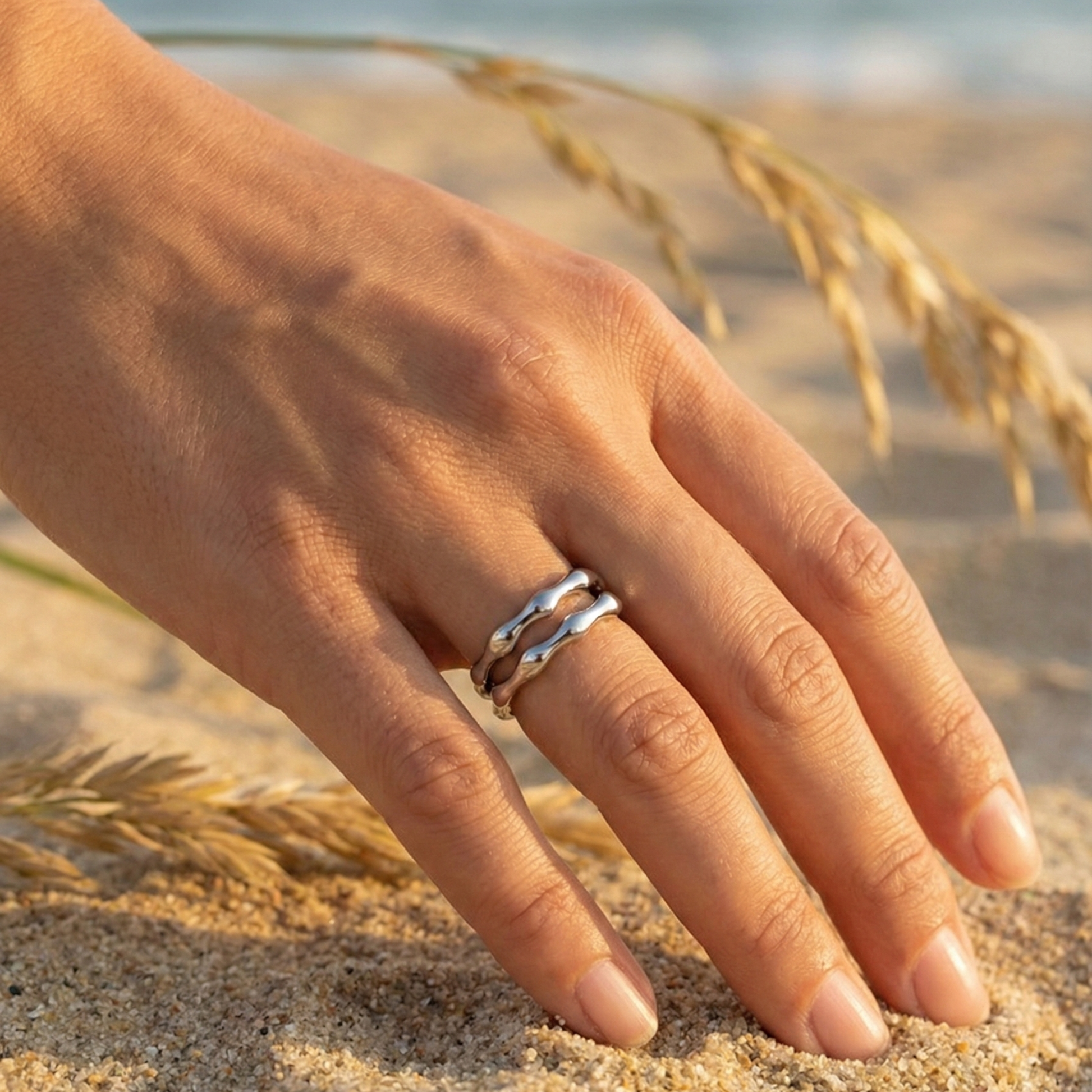 Dual Wave Silver Ring – modern silver wave band, waterproof jewellery.