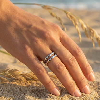 Dual Wave Silver Ring – modern silver wave band, waterproof jewellery.