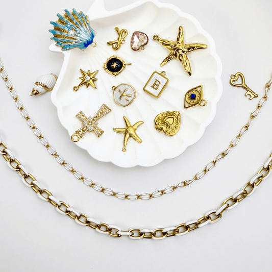 Twisted gold chain with delicate white enamel accents, elegant and feminine, waterproof and ideal for layering or adding custom charms.