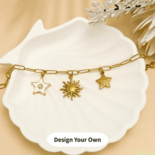Design your own gold charm bracelet with medium linked chain – personalised, waterproof, tarnish-free, and perfect for everyday wear.