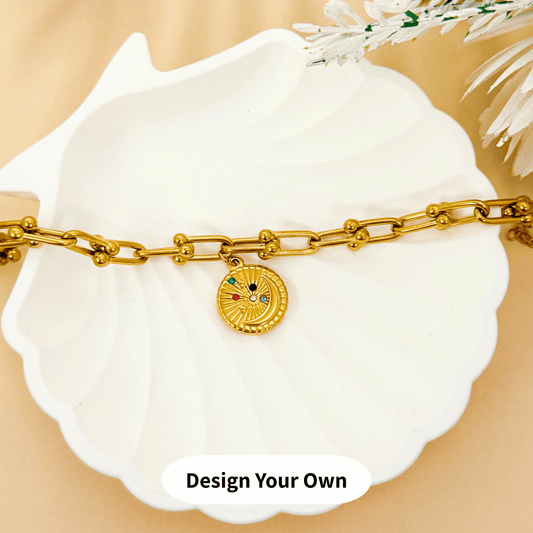 Custom gold charm bracelet with thick linked chain – design your own meaningful piece with durable, waterproof, and tarnish-free materials.