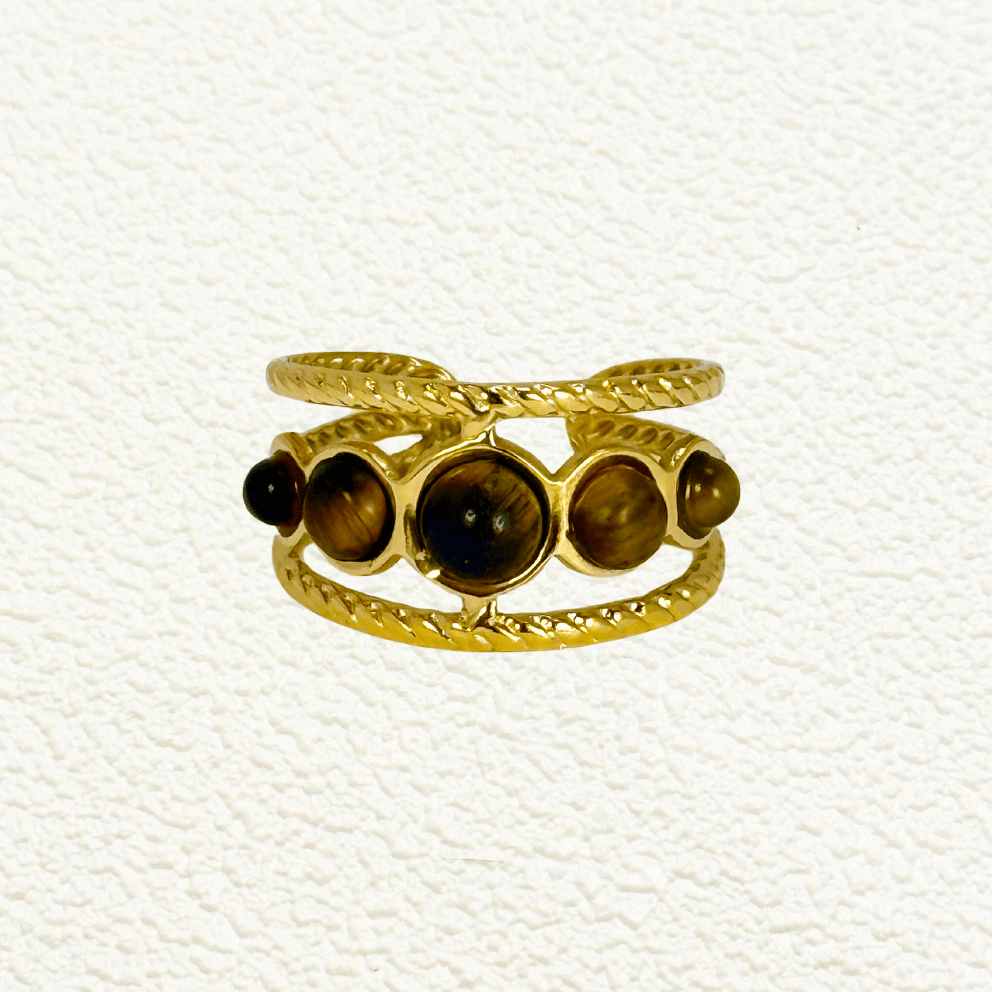 Ember Stone Band Ring with textured gold double band and five natural stones in warm earthy tones. Waterproof, tarnish-resistant, and adjustable statement ring.
