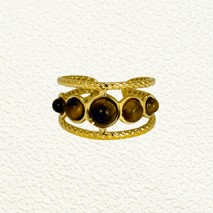 Ember Stone Band Ring with textured gold double band and five natural stones in warm earthy tones. Waterproof, tarnish-resistant, and adjustable statement ring.