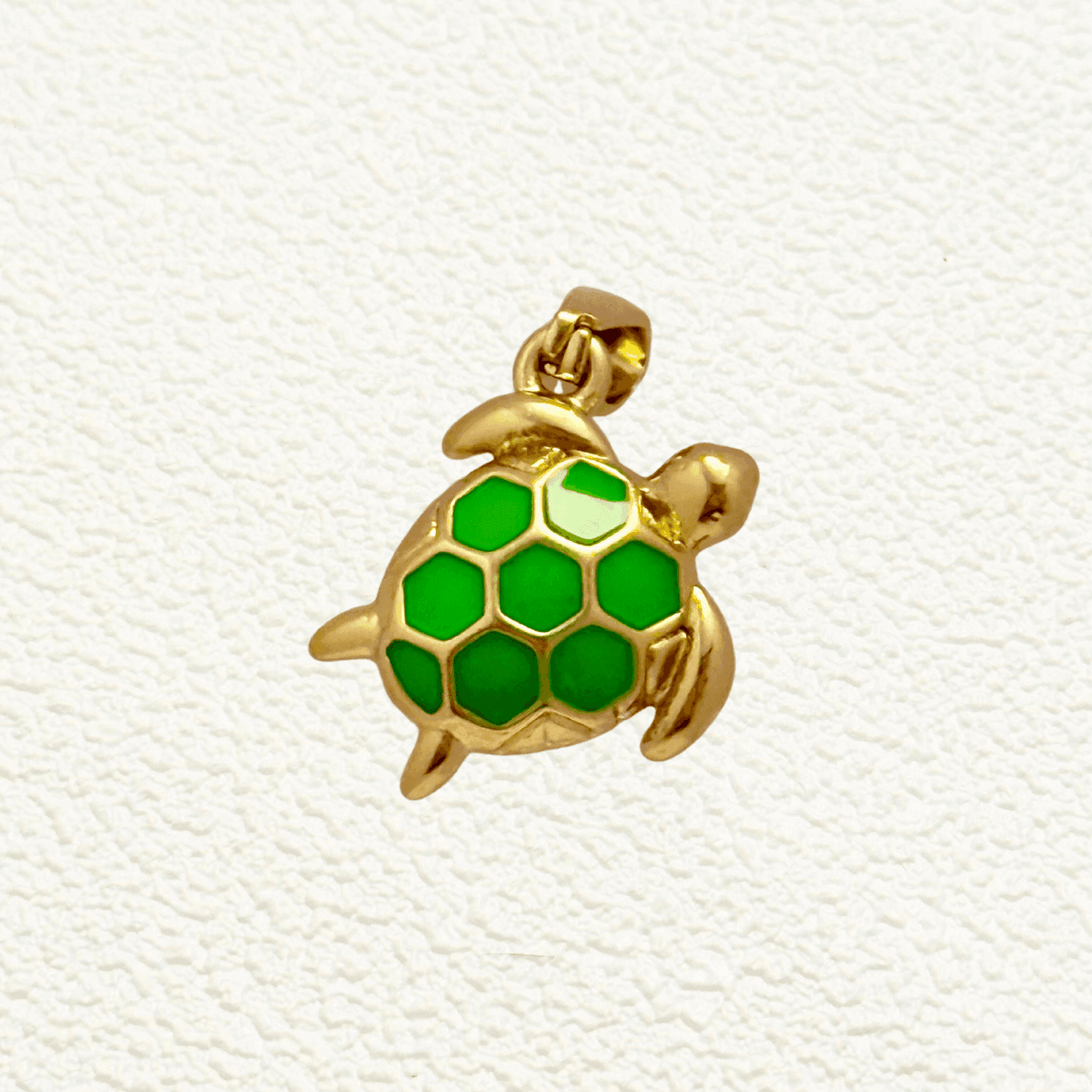 Small gold turtle charm with bright green hexagon-patterned enamel shell, lightweight and playful, perfect for ocean-themed jewelry designs