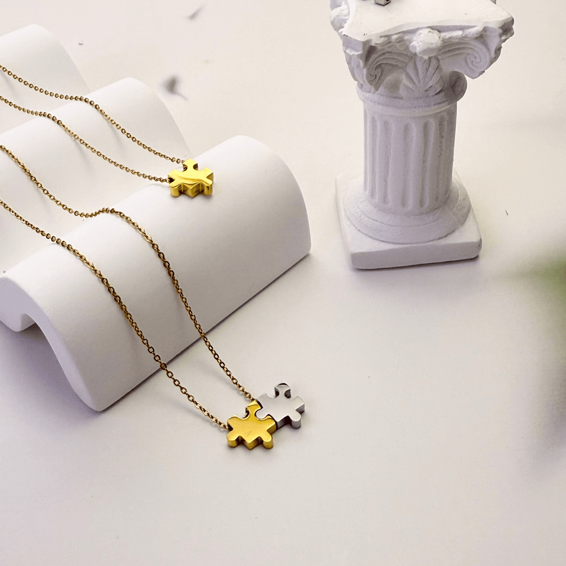 Engravable gold puzzle piece friendship necklace with initial charms – personalised matching jewellery gift for friends and couples