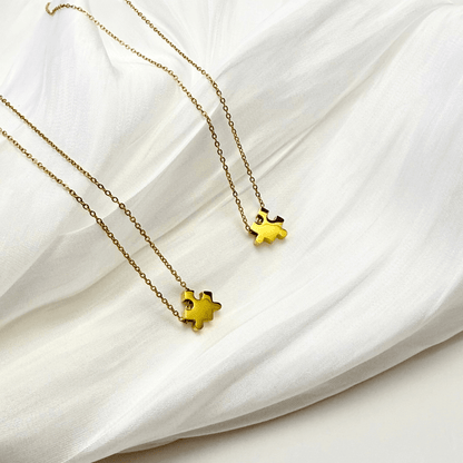 Engravable gold puzzle piece friendship necklace with initial charms – personalised matching jewellery gift for friends and couples