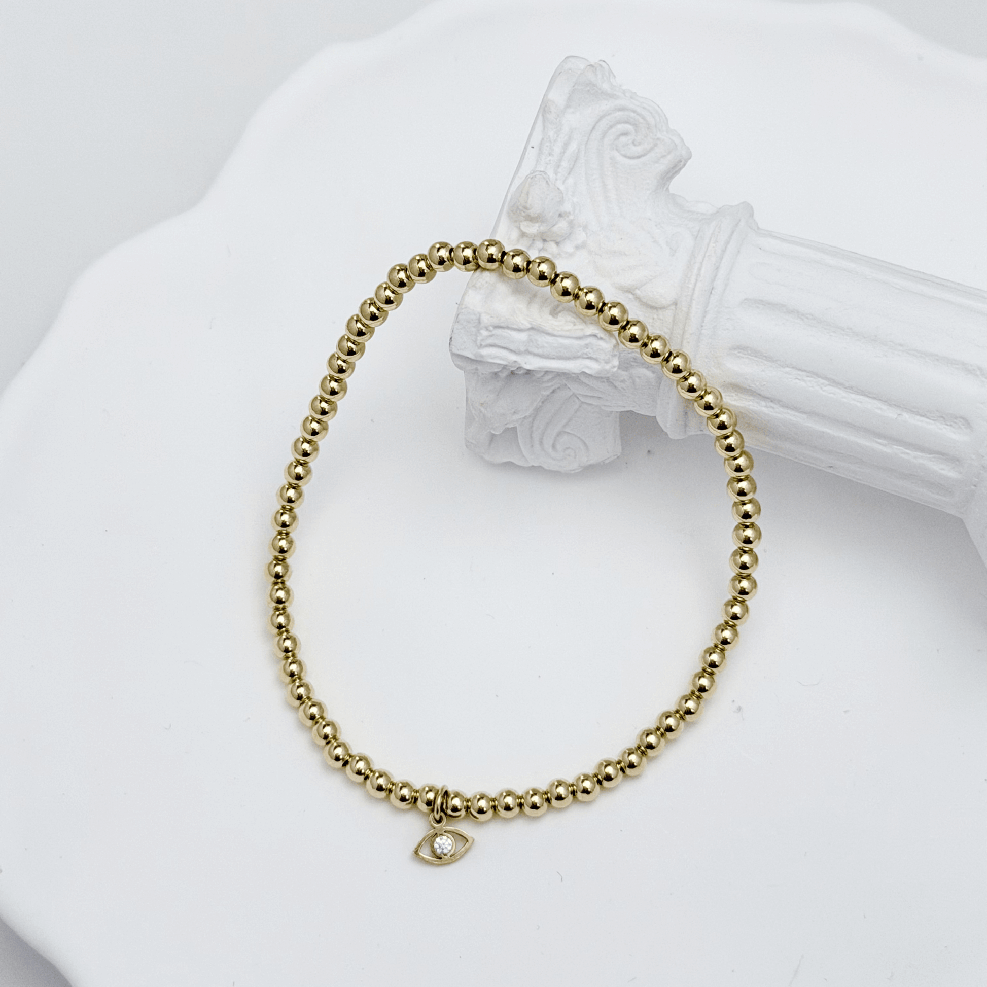 Waterproof evil eye charm gold filled bead bracelet with crystal detail – MXW Jewellery