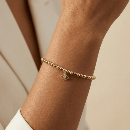 Waterproof evil eye charm gold filled bead bracelet with crystal detail – MXW Jewellery